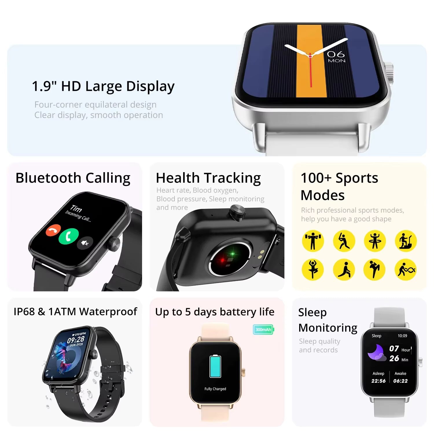 P81 Voice Calling Smart Watch Ultra 1.9'' HD Screen 24H Health Monitor 100+ Sports Modes 200+ Watch Faces Smartwatch