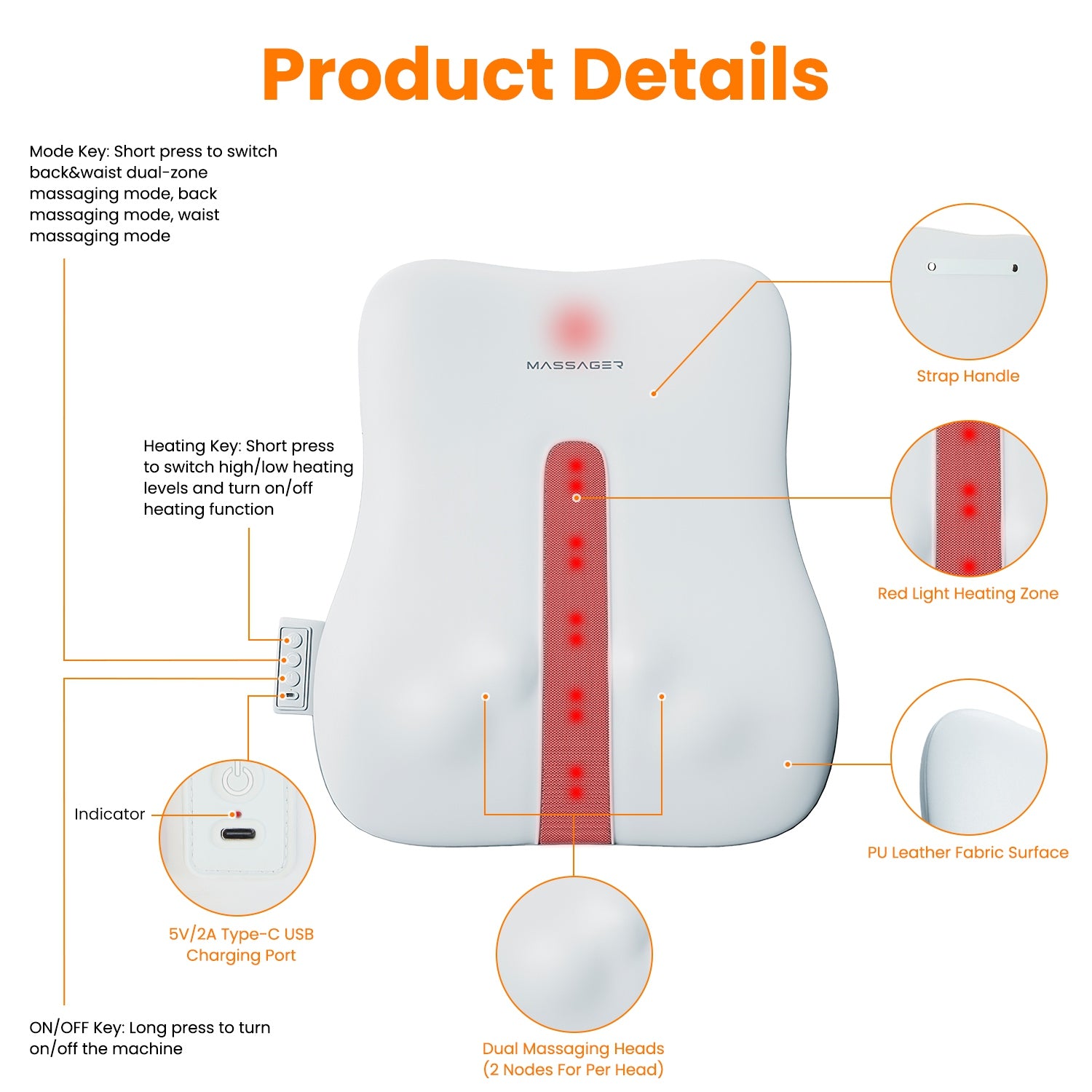 1 Set Shiatsu Back Massager 3D Deep Tissue Kneading Massage Pillow Cordless USB Rechargeable with 3 Massaging Modes 2 Heating Levels 10Mins Auto-Off for Back Shoulder Waist Lumbar No Chair