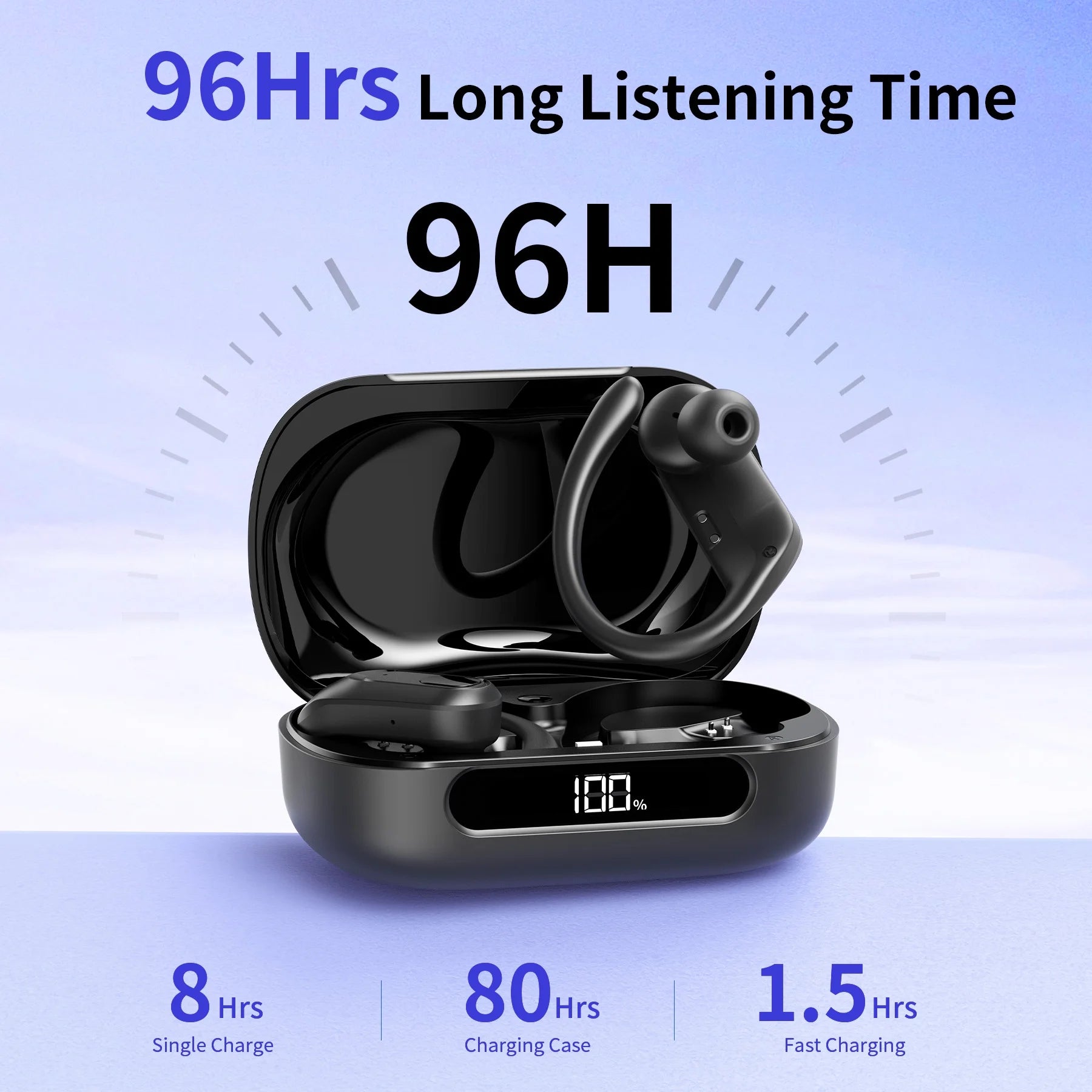 Bluetooth Headphones Wireless Earbuds 96Hrs Playback Sport Ear Buds with Earhook LED Display Charging Case IPX7 Waterproof Earbud Deep Bass Running Earphones for Ios Android Cellphone