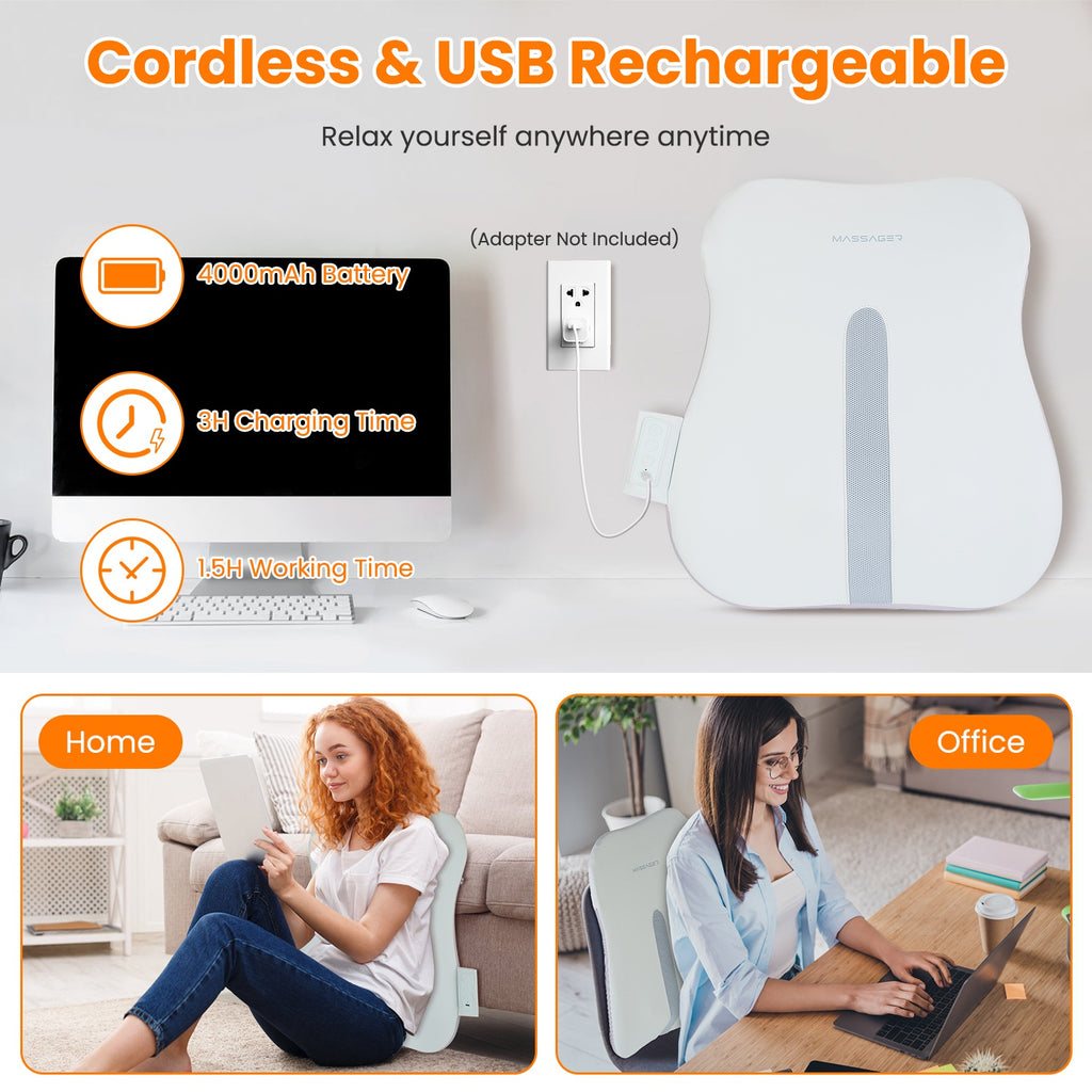 1 Set Shiatsu Back Massager 3D Deep Tissue Kneading Massage Pillow Cordless USB Rechargeable with 3 Massaging Modes 2 Heating Levels 10Mins Auto-Off for Back Shoulder Waist Lumbar No Chair