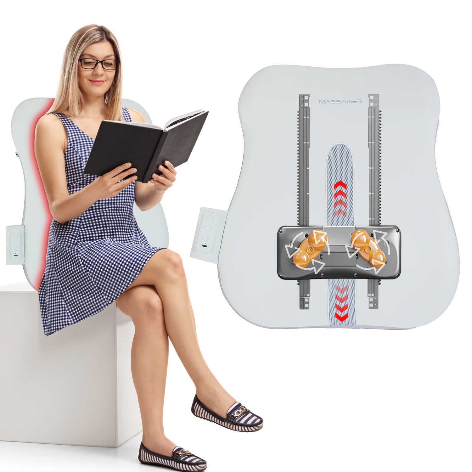 1 Set Shiatsu Back Massager 3D Deep Tissue Kneading Massage Pillow Cordless USB Rechargeable with 3 Massaging Modes 2 Heating Levels 10Mins Auto-Off for Back Shoulder Waist Lumbar No Chair