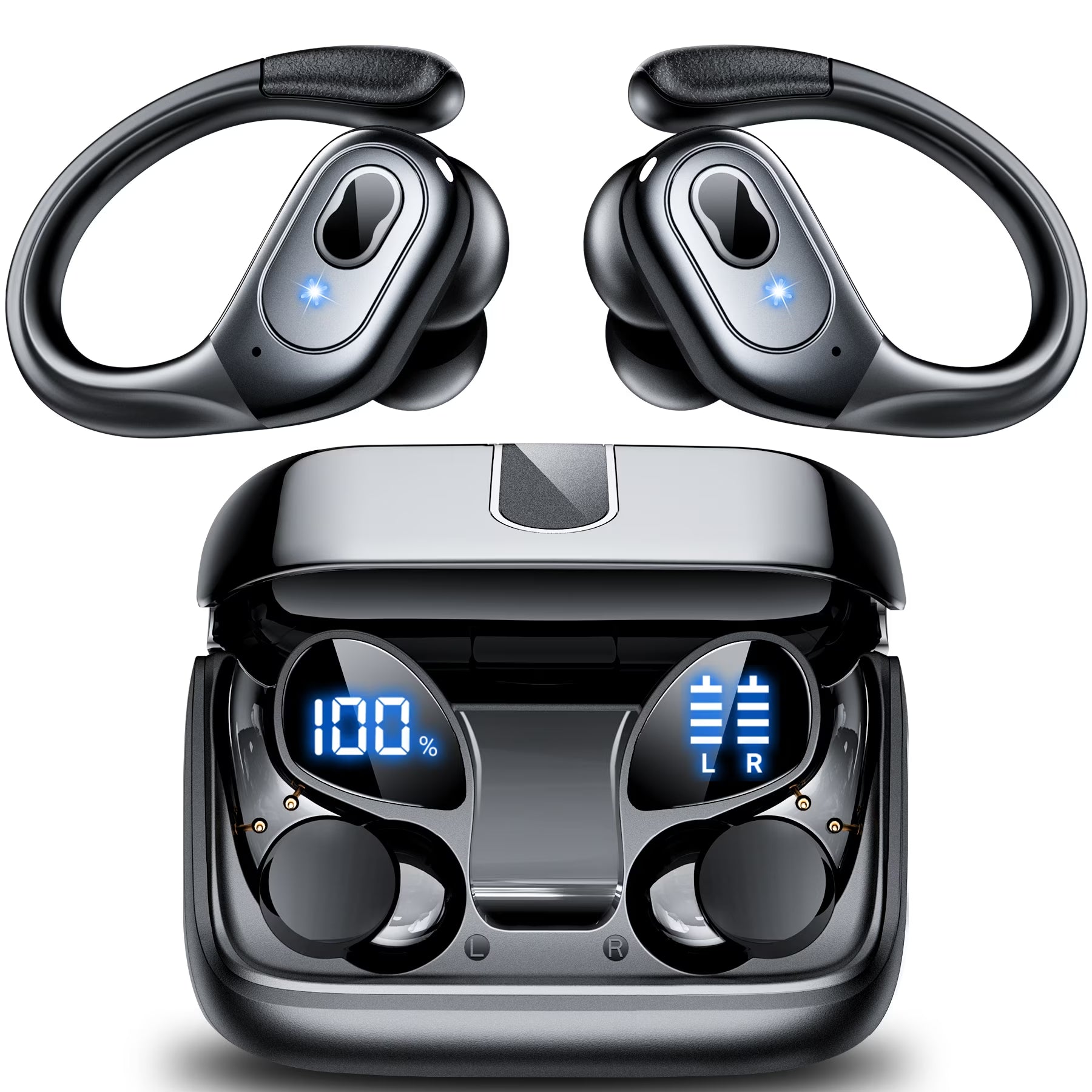 Headphones Wireless Earbuds Sport, Bluetooth 5.3 over Ear Buds Stereo Deep Bass Headset with Earhooks, 80H Dual LED Display Wireless Earphones with ENC Noise Canceling Mic,For Running/Workout