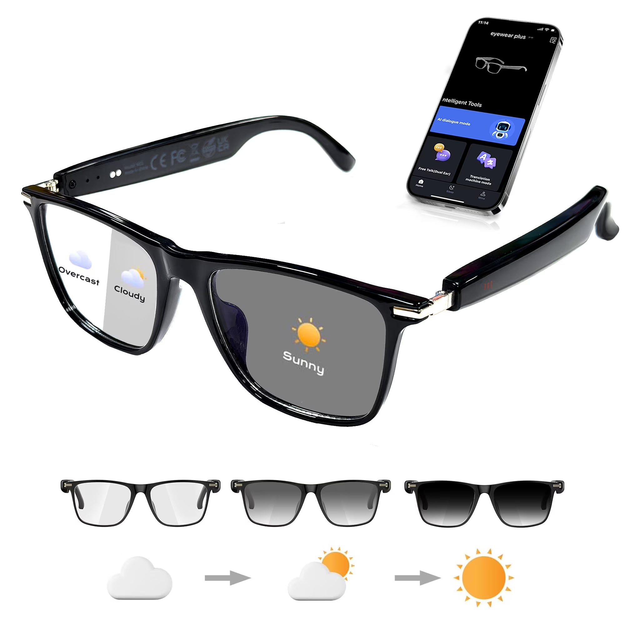 AI Smart Glasses,Ai Chat Deepseek R1 and Gemini-2.5 with 164 Translations Supported,Bluetooth Glasses for Men Women,Music Playback & Hands-Free Calling,Physical Color Changing Lens,Ip67 Waterproof