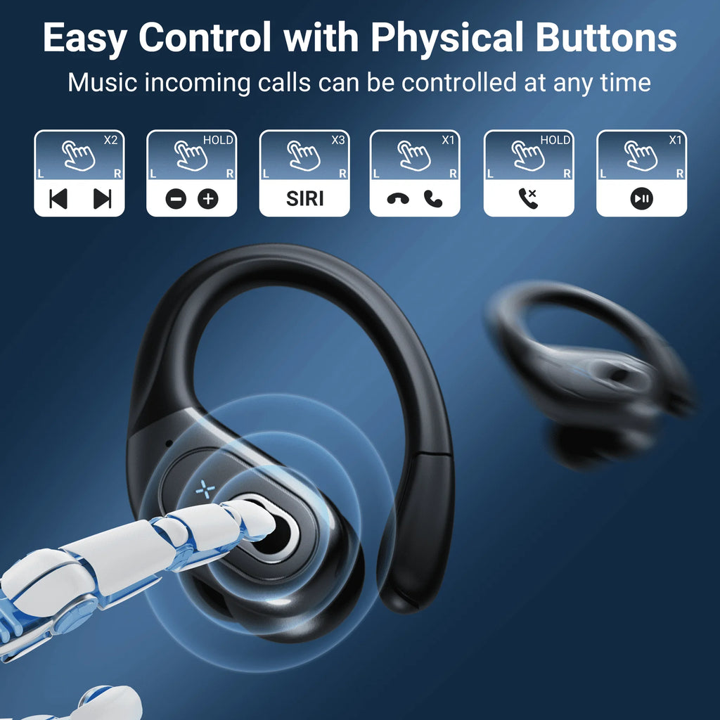 Headphones Wireless Earbuds Sport, Bluetooth 5.3 over Ear Buds Stereo Deep Bass Headset with Earhooks, 80H Dual LED Display Wireless Earphones with ENC Noise Canceling Mic,For Running/Workout