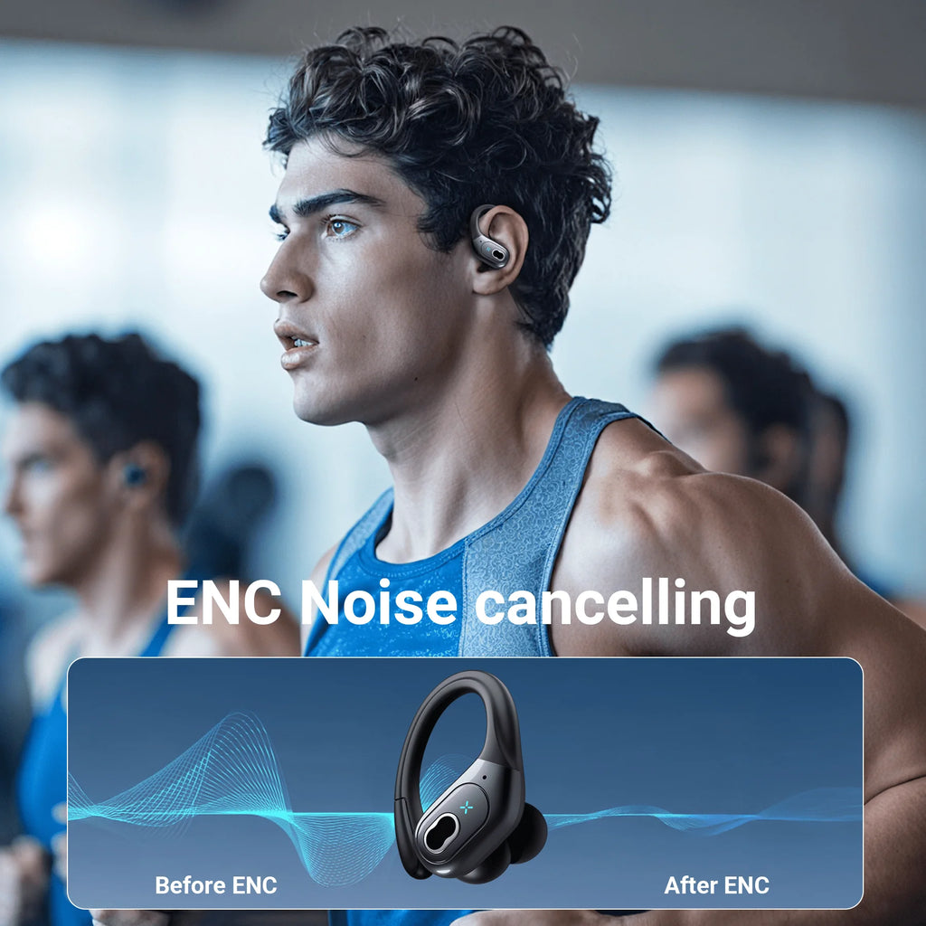 Headphones Wireless Earbuds Sport, Bluetooth 5.3 over Ear Buds Stereo Deep Bass Headset with Earhooks, 80H Dual LED Display Wireless Earphones with ENC Noise Canceling Mic,For Running/Workout
