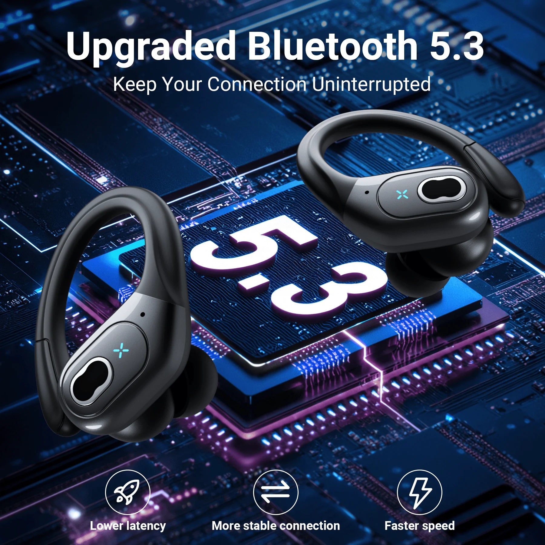 Headphones Wireless Earbuds Sport, Bluetooth 5.3 over Ear Buds Stereo Deep Bass Headset with Earhooks, 80H Dual LED Display Wireless Earphones with ENC Noise Canceling Mic,For Running/Workout