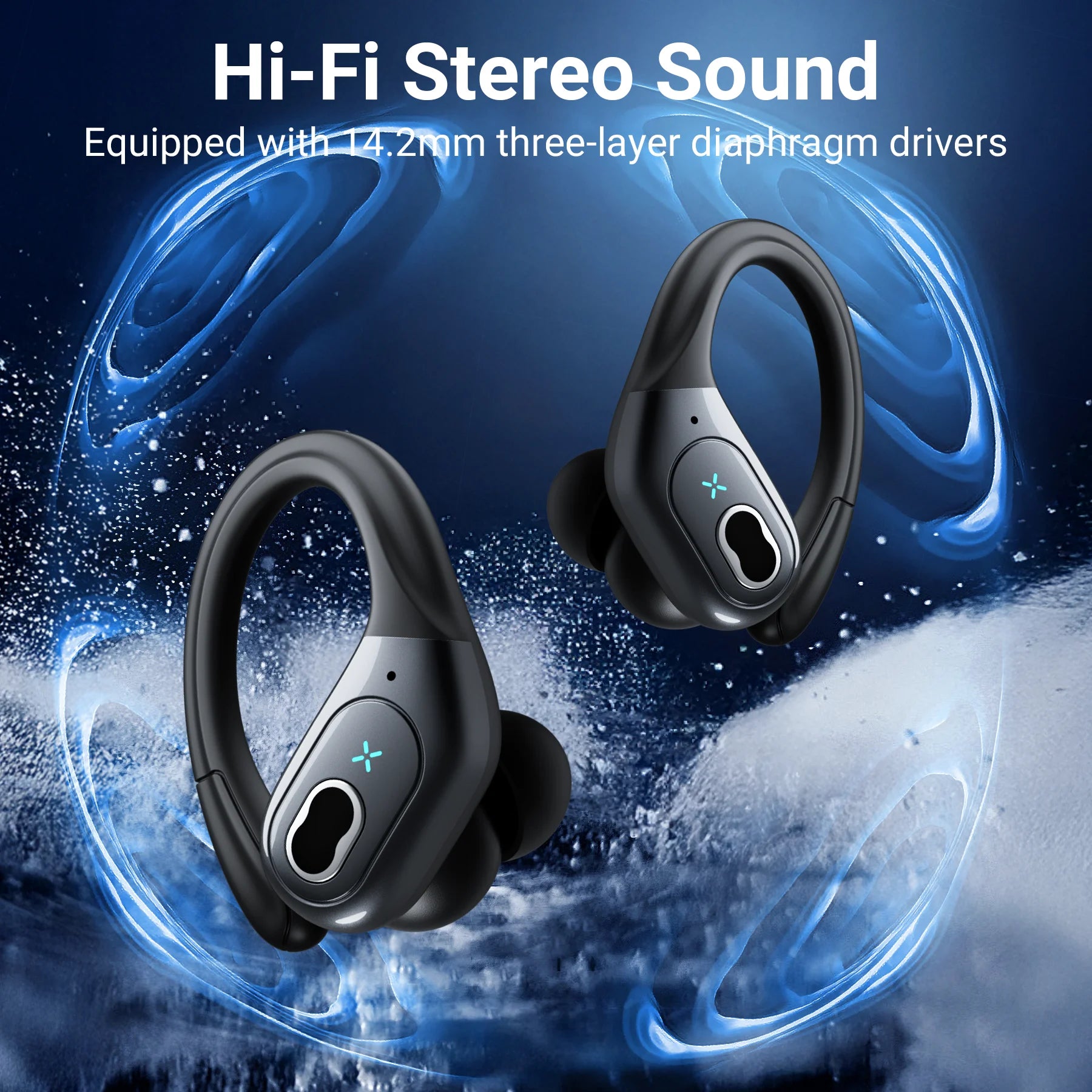 Headphones Wireless Earbuds Sport, Bluetooth 5.3 over Ear Buds Stereo Deep Bass Headset with Earhooks, 80H Dual LED Display Wireless Earphones with ENC Noise Canceling Mic,For Running/Workout